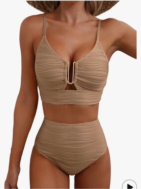Herseas 2 Piece Bikini Set U-Wire Cutout Popular Swimsuit High Waisted Textured